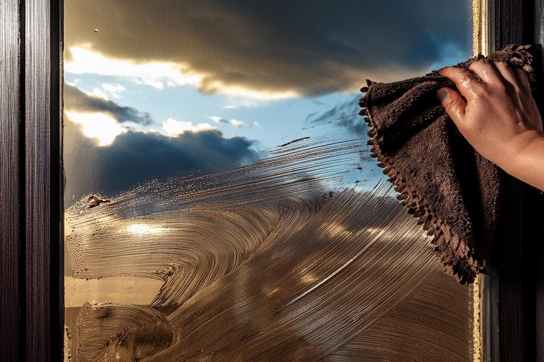 Firefly wiping thick mud off a window looking out onto a dark sky with wind 60311